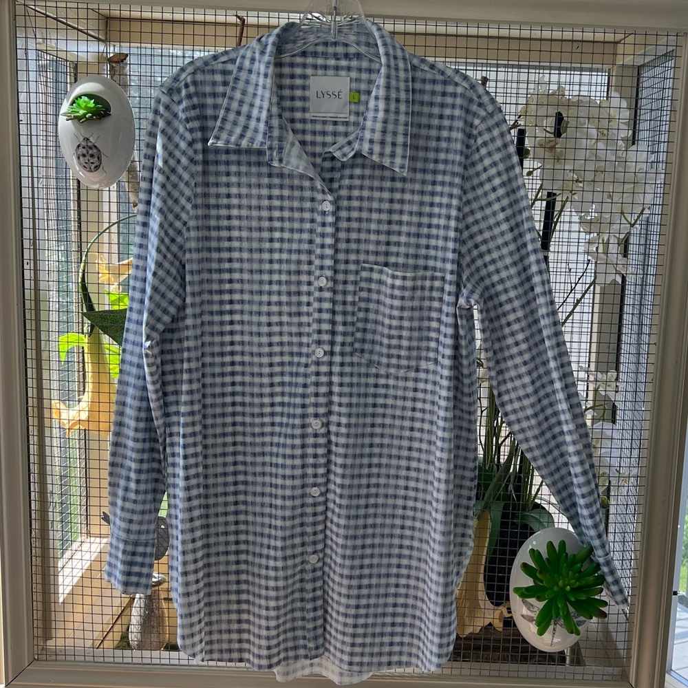 Lysse Gingham Blue and White Long Sleeve Womens Blouse L